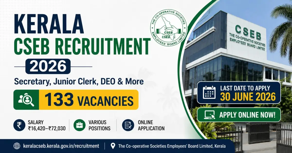 Kerala CSEB Recruitment 2026 - Secretary, Junior Clerk, DEO & More | 133 Vacancies