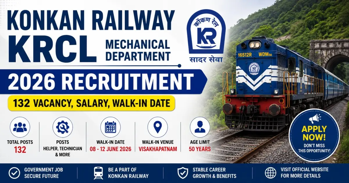Konkan Railway KRCL Mechanical Department 2026 Recruitment - 132 Vacancy, Salary, Walk-in Date