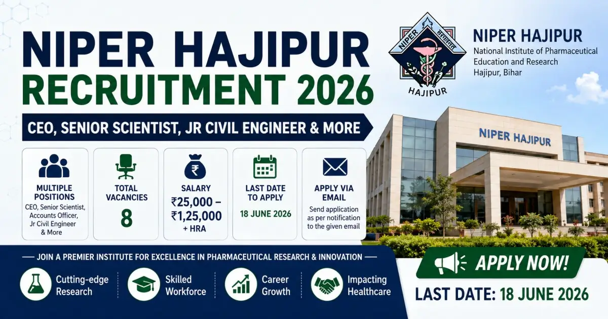NIPER Hajipur Recruitment 2026 - CEO, Senior Scientist, Jr Civil Engineer & More - Vacancy, Salary, Last Date
